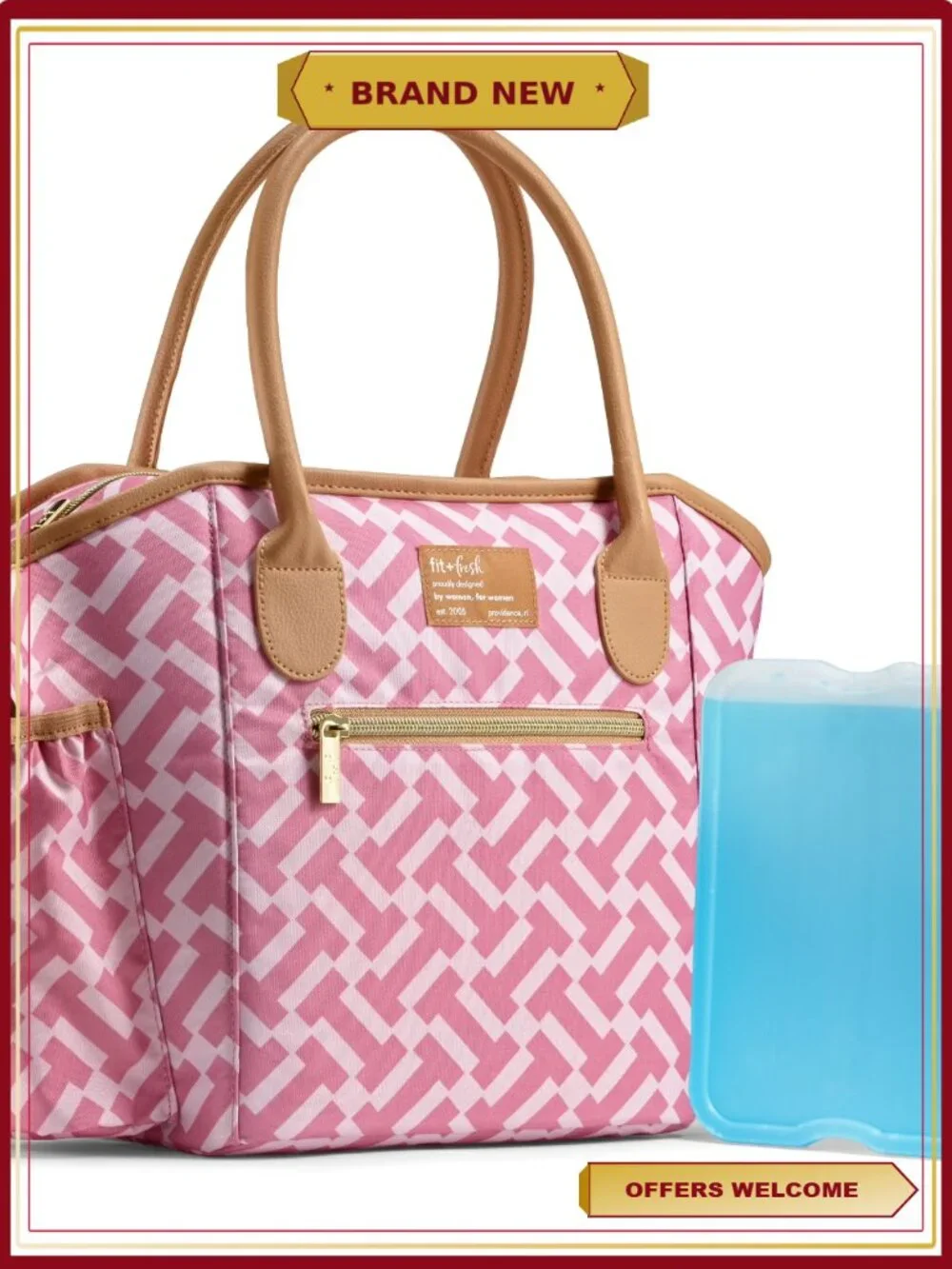 Insulated Lunch Tote with XL Slim Ice Pack, Shoulder Straps, Front Pocket
